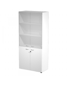 Armadio a 2 ante battenti in melaminico con serratura + 2 ante vetro senza serratura. 3 ripiani spostabili + 1 fisso. Dimenzioni: L90 x P45,8 x H200 cm. Linea di armadi componibile particolarmente robusti e stabili, costituiti da struttura alta 200cm e co