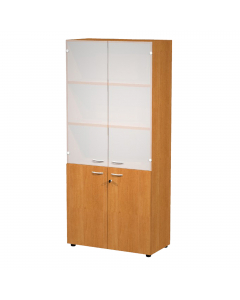 Armadio a 2 ante battenti in melaminico con serratura + 2 ante vetro senza serratura. 3 ripiani spostabili + 1 fisso. Dimenzioni: L90 x P45,8 x H200 cm. Linea di armadi componibile particolarmente robusti e stabili, costituiti da struttura alta 200cm e co