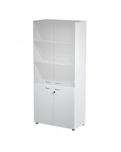 Armadio a 2 ante battenti in melaminico con serratura + 2 ante vetro senza serratura. 3 ripiani spostabili + 1 fisso. Dimenzioni: L90 x P45,8 x H200 cm. Linea di armadi componibile particolarmente robusti e stabili, costituiti da struttura alta 200cm e co