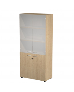 Armadio a 2 ante battenti in melaminico con serratura + 2 ante vetro senza serratura. 3 ripiani spostabili + 1 fisso. Dimenzioni: L90 x P45,8 x H200 cm. Linea di armadi componibile particolarmente robusti e stabili, costituiti da struttura alta 200cm e co
