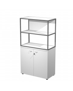 Libreria in metallo a 2 vani con struttura 20x20 mm a giorno con ripiani, base, cappello e un dietro in melaminico , sovrapposta ad un armadio basso,  completo di ante battenti con serratura. Libreria metal completa di 1 dietro in melaminico posizionabile