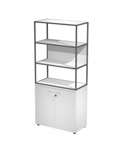 Libreria in metallo a 3 vani con struttura 20x20 mm a giorno con ripiani, base, cappello e un dietro in melaminico , sovrapposta ad un armadio basso,  completo di ante battenti con serratura. Libreria metal completa di 1 dietro in melaminico posizionabile