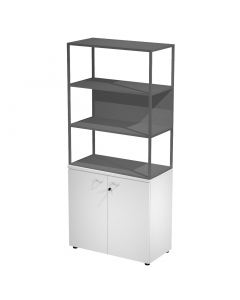 Libreria in metallo a 3 vani con struttura 20x20 mm a giorno con ripiani, base, cappello e un dietro in melaminico , sovrapposta ad un armadio basso,  completo di ante battenti con serratura. Libreria metal completa di 1 dietro in melaminico posizionabile