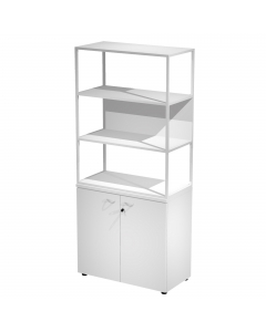 Libreria in metallo a 3 vani con struttura 20x20 mm a giorno con ripiani, base, cappello e un dietro in melaminico , sovrapposta ad un armadio basso,  completo di ante battenti con serratura. Libreria metal completa di 1 dietro in melaminico posizionabile