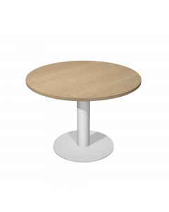 Tavolo riunione tondo Ø80 x H73cm (4 posti). In materiale melaminico classe E1 con finitura antigraffio e antiriflesso. Piani spessore 25mm gamba in metallo Ø8cm con base Ø50cm. Altezza fissa.