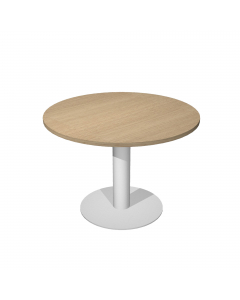 Tavolo riunione tondo Ø100 x H73cm (4 posti). In materiale melaminico classe E1 con finitura antigraffio e antiriflesso. Piani spessore 25mm gamba in metallo Ø8cm con base Ø50cm. Altezza fissa.