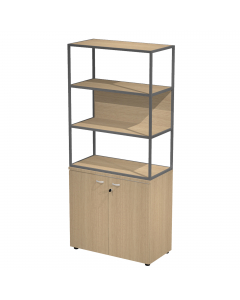 Libreria in metallo a 3 vani con struttura 20x20 mm a giorno con ripiani, base, cappello e un dietro in melaminico , sovrapposta ad un armadio basso,  completo di ante battenti con serratura. Libreria metal completa di 1 dietro in melaminico posizionabile