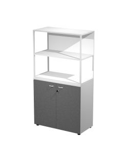 Libreria in metallo a 2 vani con struttura 20x20 mm a giorno con ripiani, base, cappello e un dietro in melaminico , sovrapposta ad un armadio basso,  completo di ante battenti con serratura. Libreria metal completa di 1 dietro in melaminico posizionabile