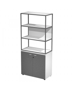 Libreria in metallo a 3 vani con struttura 20x20 mm a giorno con ripiani, base, cappello e un dietro in melaminico , sovrapposta ad un armadio basso,  completo di ante battenti con serratura. Libreria metal completa di 1 dietro in melaminico posizionabile