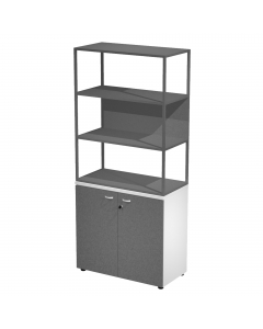 Libreria in metallo a 3 vani con struttura 20x20 mm a giorno con ripiani, base, cappello e un dietro in melaminico , sovrapposta ad un armadio basso,  completo di ante battenti con serratura. Libreria metal completa di 1 dietro in melaminico posizionabile
