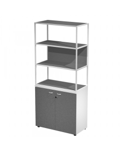 Libreria in metallo a 3 vani con struttura 20x20 mm a giorno con ripiani, base, cappello e un dietro in melaminico , sovrapposta ad un armadio basso,  completo di ante battenti con serratura. Libreria metal completa di 1 dietro in melaminico posizionabile