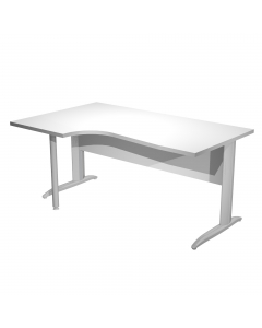 Scrivania compact sinistro sagomata con fianchi metal ad L verniciati effetto cromato. Spessore 22mm. Completi di canalina passacavi e piedini regolabili in altezza e supporto metal. Desktop con bordo anti urto in ABS da 2mm. Dimensioni: 160x60/80/100x72c