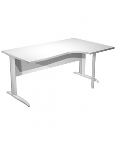 Scrivania compact destro sagomata con fianchi metal ad L grigio alluminio. Spessore 22mm. Completi di canalina passacavi e piedini regolabili in altezza e supporto metal. Desktop con bordo anti urto in ABS da 2mm. Dimensioni: 160x60/80/100x72cm.