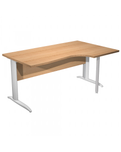 Scrivania compact destro sagomata con fianchi metal ad L grigio alluminio. Spessore 22mm. Completi di canalina passacavi e piedini regolabili in altezza e supporto metal. Desktop con bordo anti urto in ABS da 2mm. Dimensioni: 160x60/80/100x72cm.