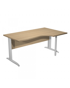 Scrivania compact destro sagomata con fianchi metal ad L verniciati effetto cromo. Spessore 22mm. Completi di canalina passacavi e piedini regolabili in altezza e supporto metal. Desktop con bordo anti urto in ABS da 2mm. Dimensioni: 160x60/80/100x72cm. P