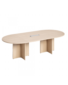Tavolo riunione ovale L260 x P120 x H73cm (10 posti). In materiale melaminico classe E1 con finitura antigraffio e antiriflesso. Piani spessore 25mm gambe a croce e piedini regolabili in altezza.