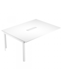Modulo aggiuntivo per tavolo riunioni completo di eco-pass con marsupio per il passaggio dei cavi. Gambe a profondità ridotta in metallo a sezione quadrata 5x5cm. Dimensioni: 160x120x72,5cm. Spessore 25mm. Piano bianco.