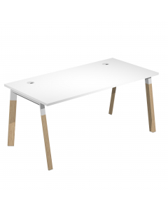 Linea di arredo operativo dal design ricercato con gambe in bimateriale metallo e massello. Piano melaminico spessore 25mm.
Scrivania con gambe bimateriale in metallo e legno massello. Spessore 25mm. Con due anelli passacavi diam. 80mm. Dimensioni: 140x80