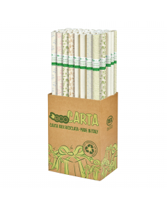 Carta regalo in rotolo da 70cmx2mt. Carta kraft bianca erba riciclata al 100% 70g/m2. Ottenuta da fibre di erba essicata, leggera profumazione d'erba. Fantasie assortite.