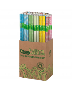 Scatola espositore con 50 rotoli di carta regalo patinata da 65gr in fantasie assortite. Dimensioni 2mt x 70cm.