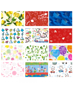 Scatola espositore da rotoli carta regalo patinata da 65gr in fantasie assortite. Dim. 2mt x 70cm