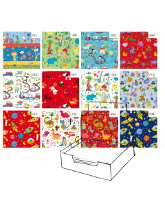 Scatola espositore da 100 fogli di carta patinata da 60/65gr. Fogli da 70x100cm in fantasie assortite.