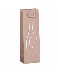 Shopper portabottiglie in carta kraft 200 g/m2. Dotato di manici in corda. Stampa oro a caldo.