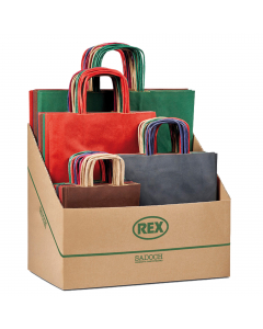 Espositore da banco con 100 shopper assortiti in 5 colori scuri (rosso/verde/blu/bordeaux/marrone) e 4 formati differenti (16x8x21cm - 22x10x27cm - 26x12x36cm - 36x12x41cm). Realizzati in carta Kraft, dotati di manici ritorti.