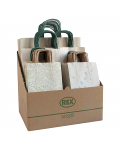 Espositore da banco con 100 shopper assortiti in 3 fantasie e 3 formati differenti. (21x16x8cm/36x26x12cm/41x36x12cm). Realizzati in carta erba dotati di manici ritorti.