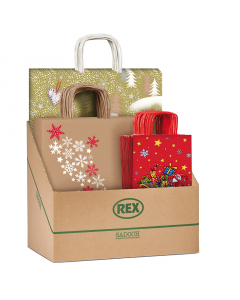 Espositore da banco con 100 shopper natale in fantasie assortite. 25 pz 16x8x21cm, 50 pz 26x12x36cm,  25 pz 36x12x41cm.