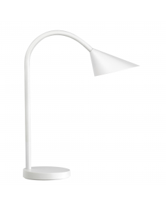 Lampada con calotta disegnata per illuminare in modo ottimale il piano lavoro. Il braccio flessibile consente di orientare la luce in qualunque posizione. Interruttore on/off sul cavo. Base e calotta Ø14cm. Braccio in metallo con elastomero. Testa e base 