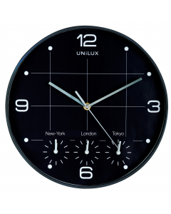 Orologio da parete con ottimo contrasto visivo grazie ai numeri bianchi su fondo nero. Particolarmente indicato per reception, mostra 4 differenti fusi orari (New York, Londra, Tokyo). Efficiente meccanismo al quarzo. Struttura in plastica con protezione 