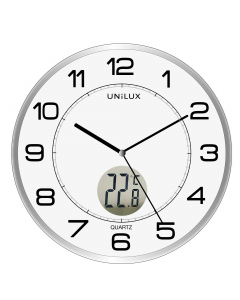 Orologio da parete sobrio e moderno. Dotato di termometro digitale che segnala su un display LCD la temperatura ambiente. Struttura in plastica con protezione in vetro. Alimentazione: 1 batteria AA 1,5V (inclusa).  Made in China.