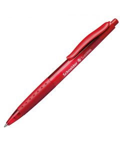 Penna a sfera con meccanismo a scatto con impugnatura gommata antiscivolo. Materiale traslucido dai colori vivaci. Inchiostro indelebile a norma ISO 12752-2 (tranne rosso). Refill sostituibile. 
Punta M. Colore: rosso.