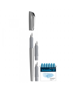 Penna stilografica calligrafica con elegante look metalizzato, impugnatura ergonomica gommata. Utilizzabile con cartucce standard o converter. Confezione regalo contenente: 1 stilo con 3 punte intercambiabili (1,1 - 1,5 - 1,8mm). Incluso nella confezione 