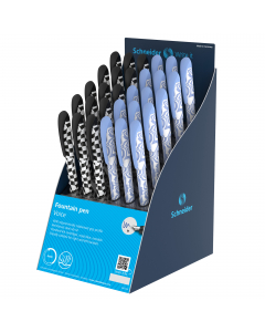 Espositore da banco con 30 penne stilografiche dotate di impugnatura ergonomica gommata. Pennino in acciaio rinforzato M. Fantasie assortite.