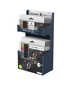Espositore da banco con pennarelli metalizzate con punta 1-2mm. Ideale per carta patinata come biglietti d'auguri. L'espositore contiene 8 astucci da 4 colori e 6 astucci da 8 colori.