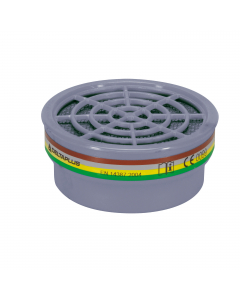 Kit 2 filtri A1B1E1K1 di ricambio per semi-maschera M6400. Guscio in plastica e carboni attivi. Protezione da Gas e vapori organici, inorganici, gas acidi, ammoniaca e derivati. Livello di protezione A1B1E1K1. Codice colore del filtro: marrone, grigio, gi