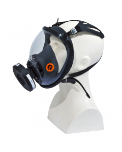 Maschera respiratoria completa, in silicone. Sistema di chiusura a cinghie. Visiera in policarbonato a campo di visione extralarge (210°). Semi-maschera interna in silicone per ridurre l'appannamento e aumentare il comfort (3 valvole inspiratorie, 1 valvo