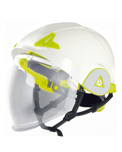 Elmetto da cantiere doppio guscio ABS con visiera a scomparsa PC. Design dinamico e sportivo. 3 bande tessili con 6 punti di fissaggio. Bardatura è composta da un disco in schiuma e da un pad nella parte posteriore per garantire un miglior comfort quando 