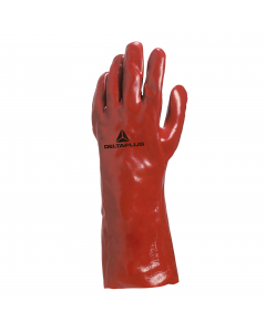 Guanto in PVC su supporto in cotone interlock. Lunghezza: 35cm. Spessore: 0,9mm. Spalmatura 100% PVC temprato e vulcanizzato. Buona resistenza all'abrasione. Guanti di protezione, impermeabili all’acqua e all’aria. Idonei alla protezione contro prodotti c