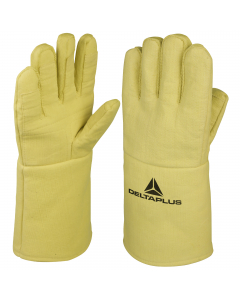 Guanti anti-taglio & anti-calore 500°c. Esterno aramide tessuto. Interno 100% cotone. Lunghezza 36 cm. Manichetta in tessuto aramidico 16 cm. Colore giallo. Taglia unica. Caratteristiche speciali: Doppio isolamento, Ottime prestazioni al taglio e al calor