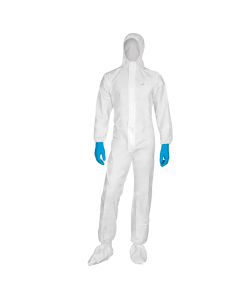 Tuta con cappuccio elasticizzata non tessuto (70% polipropilene / 30% polietilene). Chiusura con zip sotto baverina. Elastico di chiusura in testa, vita, ai polsi ed alle caviglie.
