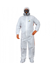 Tuta con cappuccio elasticizzata non tessuto (70% polipropilene 30% polietilene). Parte posteriore 100% polipropilene SMS molto traspirante. Chiusura zip sotto baverina. Elastico di chiusura in testa, in vita, ai polsi ed alle caviglie. 70% polipropilene 