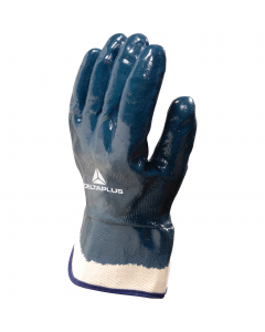 Guanti completamente rivestiti in nitrile su supporto jersey cotone. Manichetta tela de 6 cm. Grande comfort del supporto tessile. Adatti a lavori impegnativi. Eccellente resistenza all'abrasione. Eccellente resistenza ad oli e grassi. Forma anatomica. Se