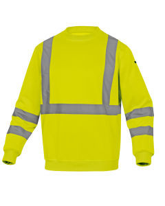 Felpa sportiva con polsini e parte bassa della felpa con bordo a coste. Bande a bretella colore argento. Colore giallo fluo. Categoria DPI: 2. Certificazione CE. Conformità alle norme EN ISO 13688:2013 e EN ISO 20471:2013 /A1:2016.