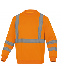 Felpa sportiva con polsini e parte bassa della felpa con bordo a coste. Bande a bretella colore argento. Colore arancio fluo. Categoria DPI: 2. Certificazione CE. Conformità alle norme EN ISO 13688:2013 e EN ISO 20471:2013 /A1:2016.