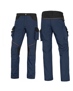 Gamma abbigliamento da lavoro 65% poliestere 35% cotone. Pantalone 13 tasche (di cui 1 portametro) e lati vita elasticizzati. Ginocchia e fondo schiena rinforzati. Categoria DPI: 2. Certificazione CE. Conformità alle norme EN ISO 13688:2013 e EN14404:2004