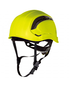 Elmetto da cantiere ventilato, in ABS. Sistema speciale d’alette per una protezione contro le proiezioni e una superficie di ventilazione ottimizzata.  Cuffia in poliammide: 3 fasce tessili con 8 punti di fissaggio. Frontalino antisudore termoformato. Sis