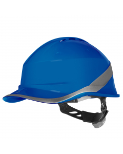 Elmetto da cantiere ventilato, in ABS. Innovativa forma stile cappellino da baseball, che consente una maggiore visione in verticale. Certificato per uso normale e per essere portato all'indietro, per avere meno ingombro. Cuffia poliammide : 3 fasce tessi
